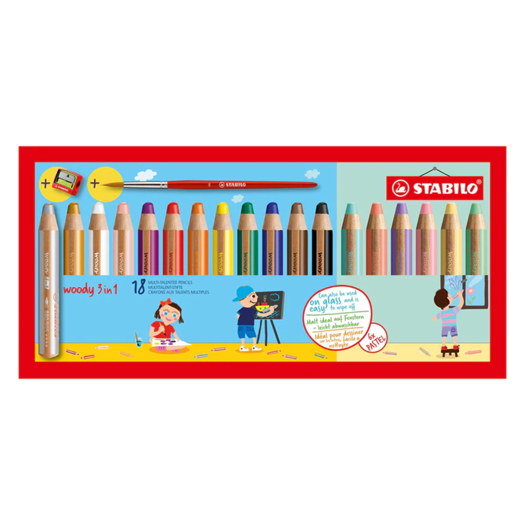 Stabilo | Woody 3 In 1 | Colour Pencil | Wallet Of 18 | With Sharpener And Brush