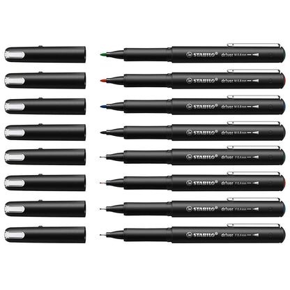 Stabilo | dr!ver Series | Premium Fineliner & Felt Tip | 32 Pens | Black, Blue, Red, Green