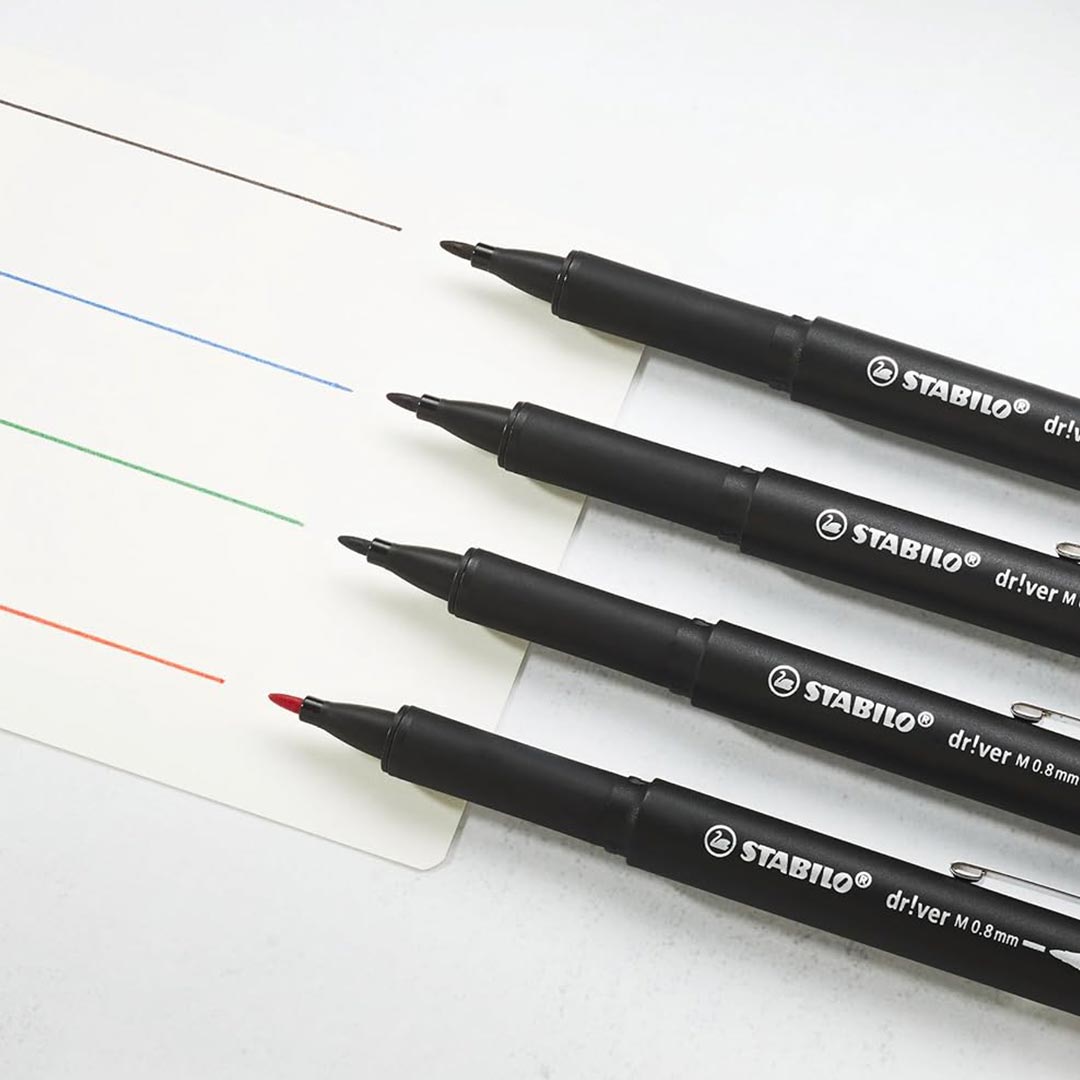 Stabilo | dr!ver Series | Premium Fineliner & Felt Tip | Pack of 4 | 0.8 MM | Black, Blue, Green, Red