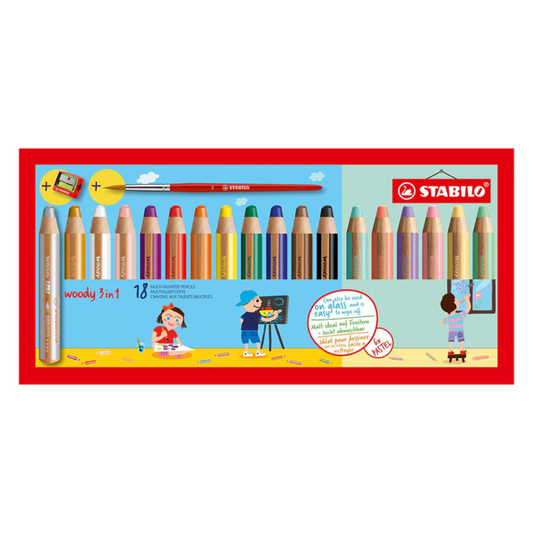 Stabilo | Woody 3 In 1 | Colour Pencil | Wallet Of 18 |  With Sharpener And Brush